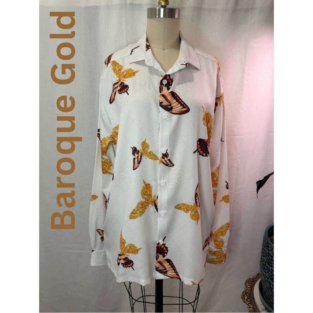Baroque Gold Drill Clothing Co M White Butterfly Print Button Down Shirt